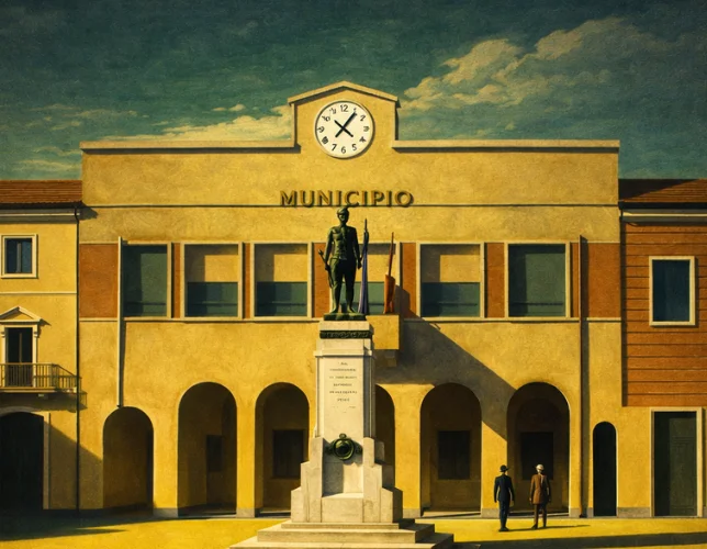 Il municipio di Codigoro con il monumento ai caduti, in stile pittorico