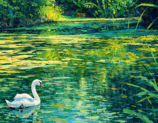 Dipinto di un cigno bianco in uno specchio d'acqua tra la vegetazione dell'Oasi della Garzaia